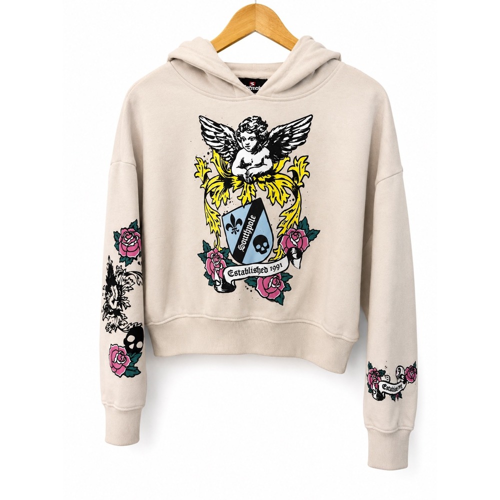 Southpole Womens Cropped Hoodie Beige Graphic Cherub Rose Skull M NEW